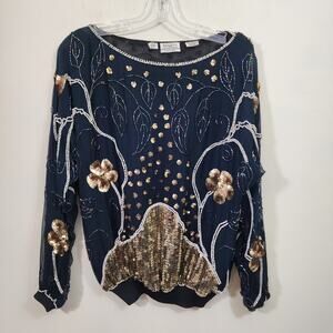Vintage Jeffry Lawrence 100% silk beaded & sequin long sleeve blouse woman's S/M